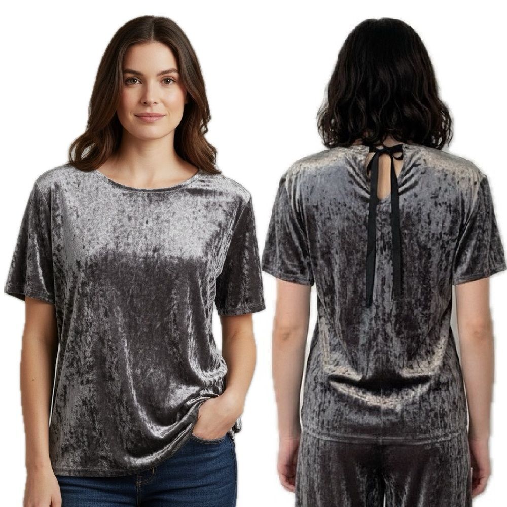 Beach LunchLounge Crushed Velvet Short Sleeve Blouse Back Ribbon Tie Size Medium